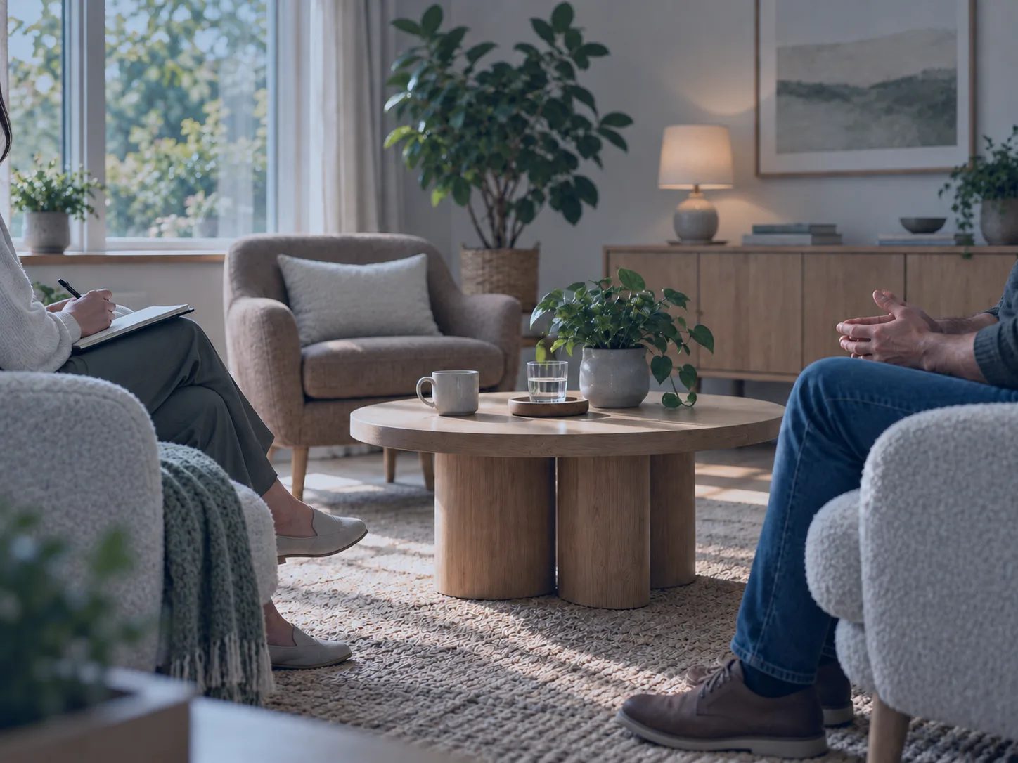 Een gesprek in zetels rond een lage houten tafel, met planten en een lamp