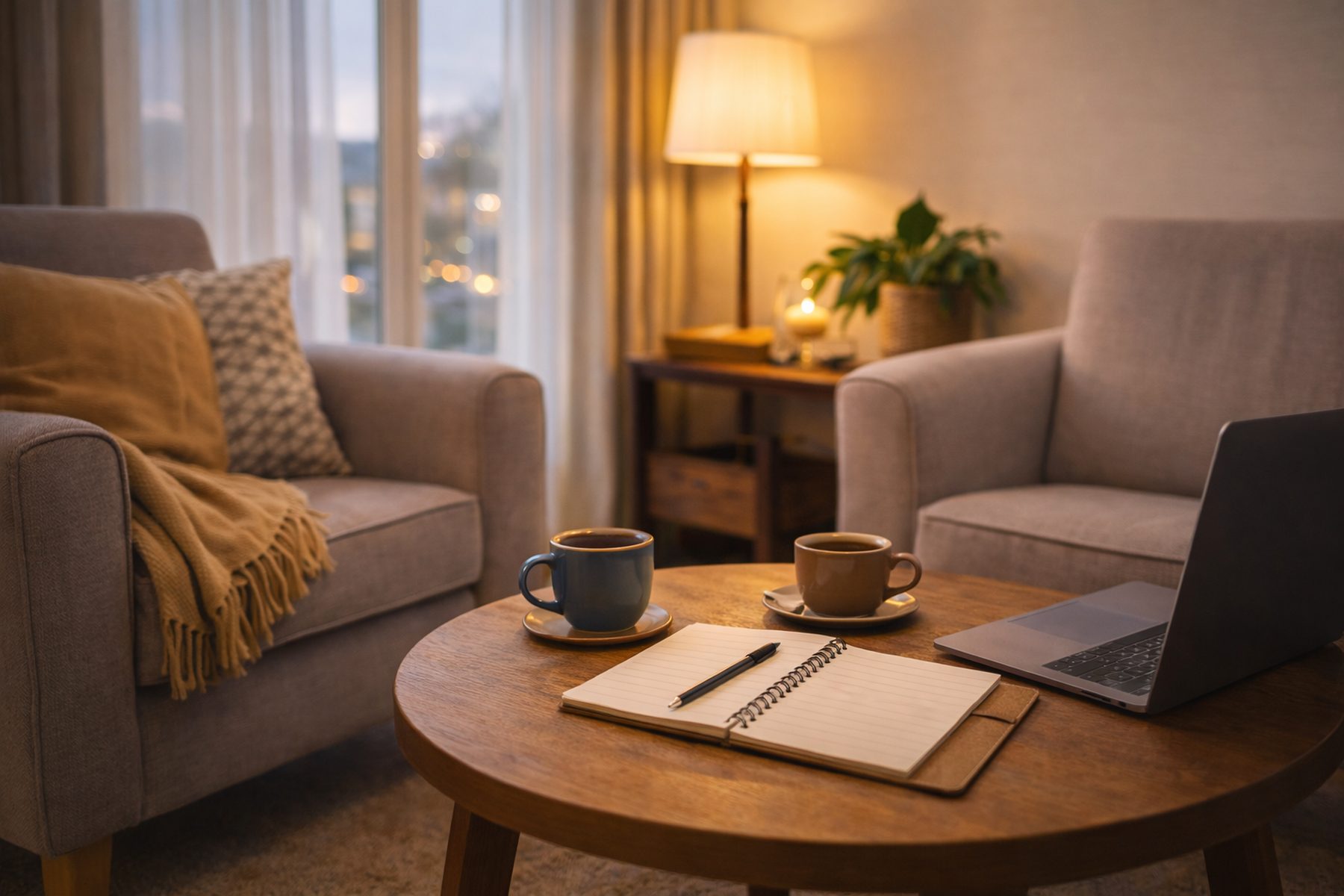 Twee zetels rond een lage tafel met een open notitieboek, twee kopjes koffie en een laptop, in warm avondlicht
