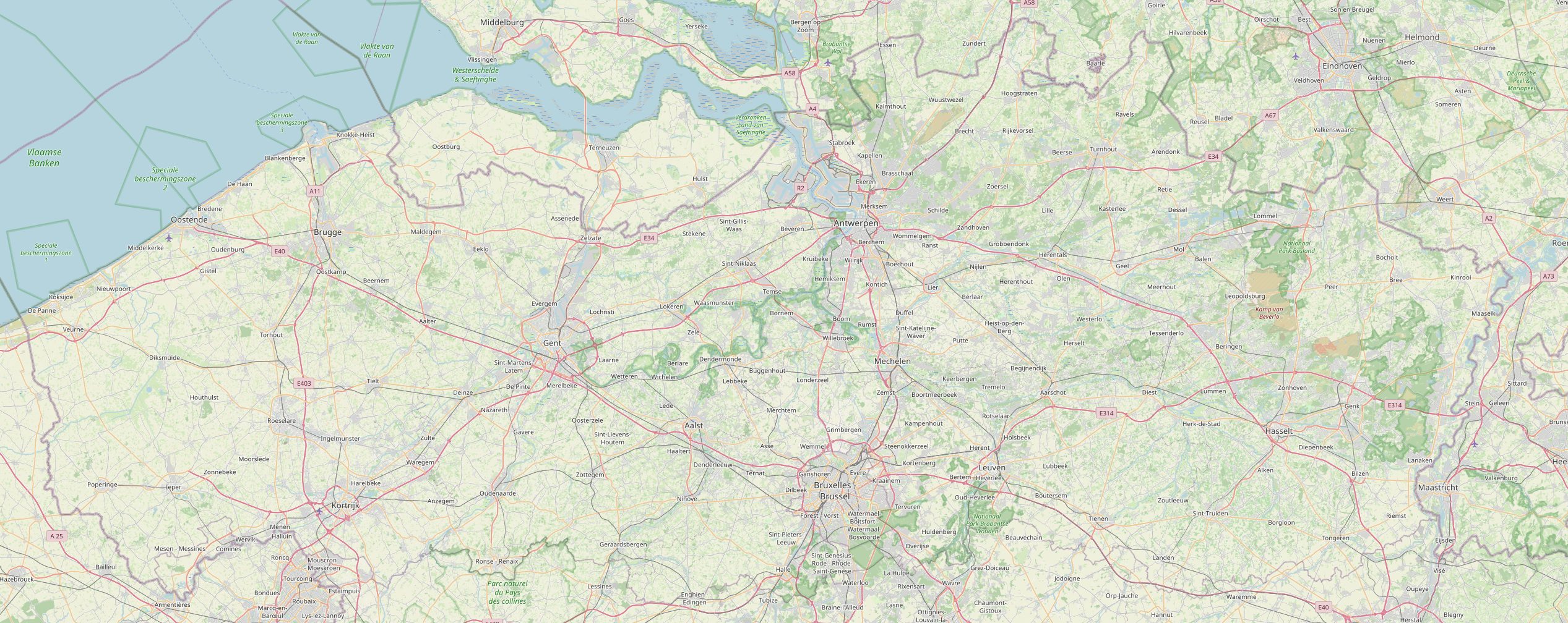 Kaart van Vlaanderen en Brussel met de plaatsen waar Even-Coaching begeleidt
