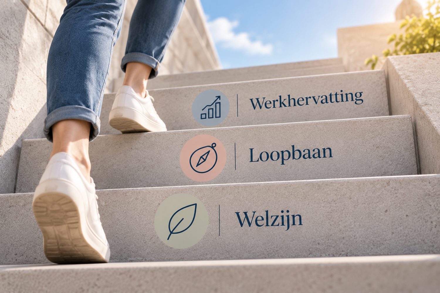 Iemand die een trap op stapt, met per trede een woord: Welzijn, Loopbaan en Werkhervatting